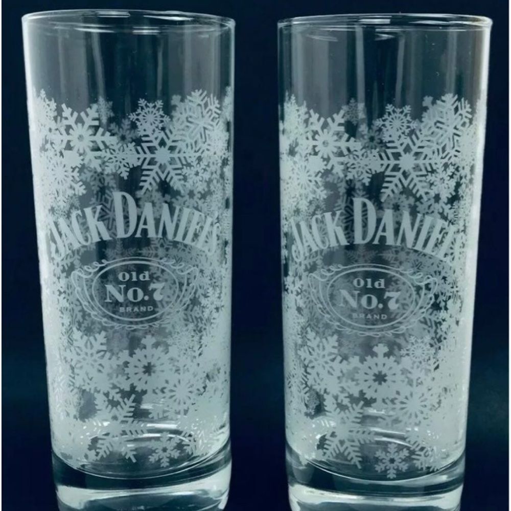 2 Pc Set Jack Daniels Old No. 7 Christmas Snowflake 6" Highball Wiskey Glasses